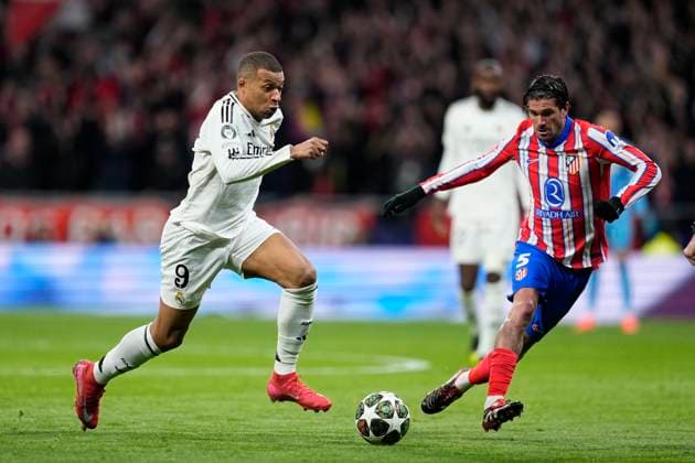 March 12, 2025, Madrid, Madrid, SPAIN: Kylian Mbappe of Real Madrid and Rodrigo de Paul of Atletico de Madrid in action during the UEFA Champions League 2024 25 League Round of 16 Second Leg match between Atletico de Madrid and Real Madrid CF, at Riyadh Air Metropolitano stadium on March 12, 2025, in Madrid, Spain. Madrid SPAIN - ZUMAa181 20250312_zaa_a181_105 Copyright: xOscarxJ.xBarrosox