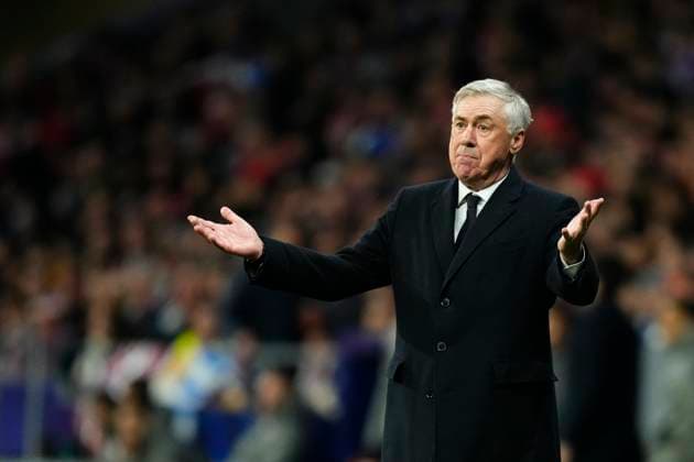 Atletico de Madrid v Real Madrid C.F. - UEFA Champions League 2024 25 Round of 16 Second Leg Carlo Ancelotti head coach of Real Madrid reacts during the UEFA Champions League 2024 25 UEFA Champions League 2024 25 Round of 16 second leg match between Atletico de Madrid and Real Madrid C.F. at Estadio Riyadh Air Metropolitano on March 12, 2025 in Madrid, Spain. Madrid Spain  Copyright: xJosexBretonx originalFilename:bretonhernandez-atletico250312_npcOA.jpg