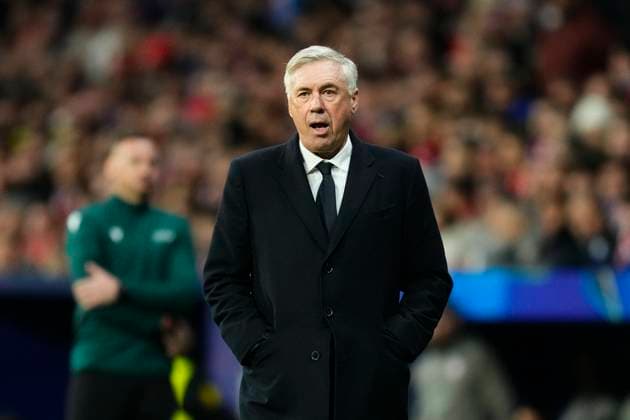 Atletico de Madrid v Real Madrid C.F. - UEFA Champions League 2024 25 Round of 16 Second Leg Carlo Ancelotti head coach of Real Madrid reacts during the UEFA Champions League 2024 25 UEFA Champions League 2024 25 Round of 16 second leg match between Atletico de Madrid and Real Madrid C.F. at Estadio Riyadh Air Metropolitano on March 12, 2025 in Madrid, Spain. Madrid Spain  Copyright: xJosexBretonx originalFilename:bretonhernandez-atletico250312_npwkG.jpg