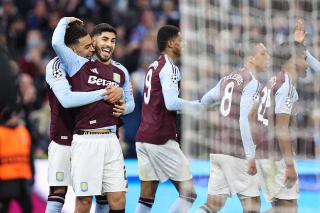 Aston Villa gegen Club Brugge 12. März 2025, Aston UEFA Champions League, Achtelfinale, Rückspiel Aston Villa gegen Club Brugge Marco Asensio von Aston Villa feiert seinen dritten Treffer mit Morgan Rogers Foto Charlotte Wilson Abseits Aston UK  Copyright: xCharlottexWilsonx xOffsidexOffside
