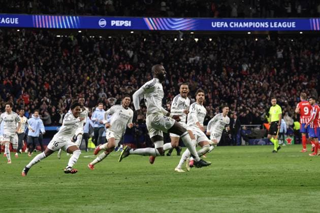 Spain - UEFA Champions League - Atletico de Madrid vs Real Madrid CF - 12 03 2025 SPAIN, MADRID, MARCH 12. Antonio Rudiger of Real Madrid and Kylian Mbappe of Real Madrid celebrate the victory during the UEFA Champions League football match between Atletico de Madrid and Real Madrid CF at Civitas Metropolitano on March 12, 2025 in Madrid, Spain. Photo by Manuel Blondeau AOP.Press Madrid Civitas Metropolitano Spain Copyright: x ManuelxBlondeau AOP.Pressx AOP20250312 0005