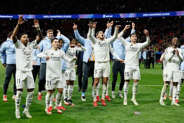 Atletico de Madrid v Real Madrid C.F. - UEFA Champions League 2024 25 Round of 16 Second Leg Rodrygo, Brahim Diaz, Endrick, Jude Bellingham, Raul Asencio and Eduardo Camavinga of Real Madrid CF after winning the UEFA Champions League 2024 25 UEFA Champions League 2024 25 Round of 16 second leg match between Atletico de Madrid and Real Madrid C.F. at Estadio Civitas Metropolitano on March 12, 2025 in Madrid, Spain. Madrid Estadio Metropolitano Spain Spain Copyright: xRichardxSellers Sportsphoto APLx 14061061
