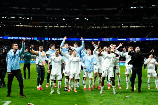 Atletico de Madrid v Real Madrid C.F. - UEFA Champions League 2024 25 Round of 16 Second Leg Real Madrid players celebrates the victory after winning the UEFA Champions League 2024 25 UEFA Champions League 2024 25 Round of 16 second leg match between Atletico de Madrid and Real Madrid C.F. at Estadio Riyadh Air Metropolitano on March 12, 2025 in Madrid, Spain. Madrid Spain  Copyright: xJosexBretonx originalFilename:bretonhernandez-atletico250312_npm4T.jpg