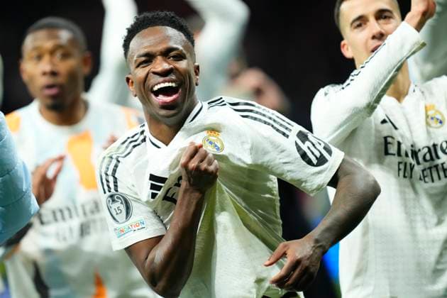 Atletico de Madrid v Real Madrid C.F. - UEFA Champions League 2024 25 Round of 16 Second Leg Vinicius Junior left winger of Real Madrid and Brazil celebrates the victory after winning the UEFA Champions League 2024 25 UEFA Champions League 2024 25 Round of 16 second leg match between Atletico de Madrid and Real Madrid C.F. at Estadio Riyadh Air Metropolitano on March 12, 2025 in Madrid, Spain. Madrid Spain  Copyright: xJosexBretonx originalFilename:bretonhernandez-atletico250312_npoPA.jpg