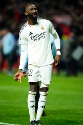 Atletico de Madrid v Real Madrid C.F. - UEFA Champions League 2024 25 Round of 16 Second Leg Antonio Rudiger centre-back of Real Madrid and Germany celebrates the victory after winning the UEFA Champions League 2024 25 UEFA Champions League 2024 25 Round of 16 second leg match between Atletico de Madrid and Real Madrid C.F. at Estadio Riyadh Air Metropolitano on March 12, 2025 in Madrid, Spain. Madrid Spain  Copyright: xJosexBretonx originalFilename:bretonhernandez-atletico250312_npNH9.jpg