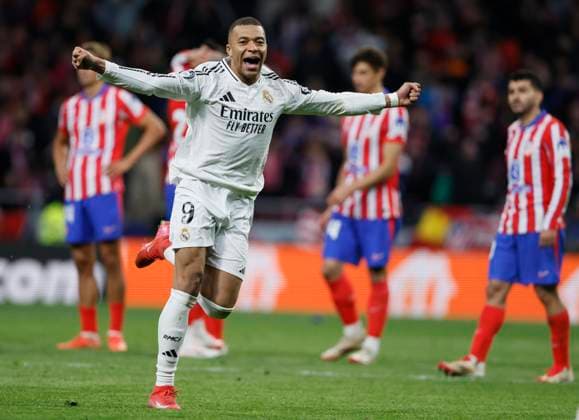 Atletico de Madrid v Real Madrid C.F. - UEFA Champions League 2024 25 Round of 16 Second Leg Kylian Mbappe of Real Madrid CF celebrates after winning the UEFA Champions League 2024 25 UEFA Champions League 2024 25 Round of 16 second leg match between Atletico de Madrid and Real Madrid C.F. at Estadio Civitas Metropolitano on March 12, 2025 in Madrid, Spain. Madrid Estadio Metropolitano Spain Spain Copyright: xRichardxSellers Sportsphoto APLx 14061068
