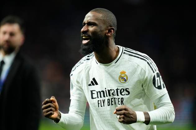 Atletico de Madrid v Real Madrid C.F. - UEFA Champions League 2024 25 Round of 16 Second Leg Antonio Rudiger centre-back of Real Madrid and Germany celebrates the victory after winning the UEFA Champions League 2024 25 UEFA Champions League 2024 25 Round of 16 second leg match between Atletico de Madrid and Real Madrid C.F. at Estadio Riyadh Air Metropolitano on March 12, 2025 in Madrid, Spain. Madrid Spain  Copyright: xJosexBretonx originalFilename:bretonhernandez-atletico250312_npVd2.jpg