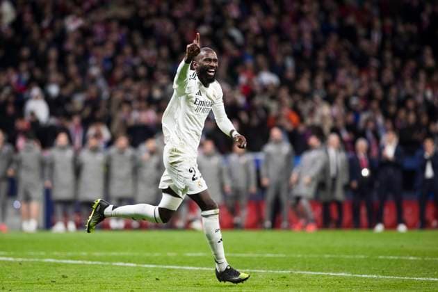 UEFA champions league - Atletico de Madrid vs Real Madrid MADRID,SPAIN - 12 March: Antonio Rudiger of Real Madrid celebrates a goal during UEFA champions league 2024 25 round of 16 second leg match between Atletico de Madrid and Real Madrid at Riyadh Air Metropolitano Stadium. (Photo by Guillermo Martinez) Madrid Riyadh Air Metropolitano Stadium Spain Copyright: xGuillermoxMartinezx