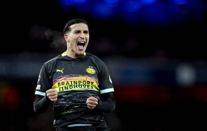 LONDON - Couhaib Driouech of PSV Eindhoven celebrates the 2-2 during the UEFA Champions league match between Arsenal FC and PSV Eindhoven at Emirates Stadium on March 12, 2025 in London, England. ANP KOEN VAN WEEL UEFA Champions League 2024 25 Round of 16 Second Leg 2024 25 xVIxANPxSportx xxANPxIVx 522227244 originalFilename: 522227244.jpg