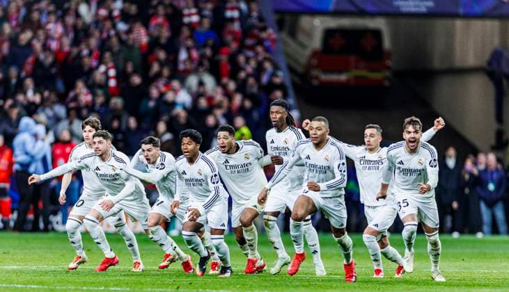 Atletico de Madrid vs Real Madrid CF - UEFA Champions League - 12 03 2025 Real Madrid players celebrate the victory during the UEFA Champions League match between Atletico de Madrid and Real Madrid CF at Estadio Riyadh Air Metropolitano on March 12, 2025 in Madrid, Spain. Madrid Spain Copyright: xPGSxPhotoxAgencyx