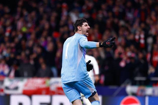 March 13, 2025, Madrid, Madrid, SPAIN: Thibaut Courtois of Real Madrid celebrates the victory during the UEFA Champions League 2024 25 League Round of 16 Second Leg match between Atletico de Madrid and Real Madrid CF, at Riyadh Air Metropolitano stadium on March 12, 2025, in Madrid, Spain. Madrid SPAIN - ZUMAa181 20250313_zaa_a181_015 Copyright: xDennisxAgyemanx