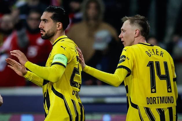 March 12, 2025, Villeneuve-D ascq, France, France: Emre CAN of Borussia Dortmund celebrate his goal with Maximilian BEIER of Borussia Dortmund during the UEFA Champions League match between Lille OSC (LOSC) and Borussia Dortmund at Pierre Mauroy Stadium on March 12, 2025 in Villeneuve-d Ascq near Lille, France. Villeneuve-D ascq France - ZUMAm308 20250312_zsp_m308_007 Copyright: xMatthieuxMirvillex