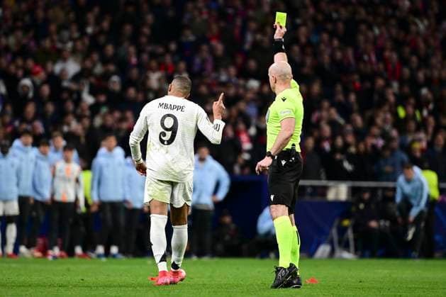 Yellow card for Kylian Mbappe 9 Madrid , Atletico Madrid vs Real Madrid , Football, Champions League, Round of 16 second leg, 12 03 2025 Madrid Madrid Spain Copyright: xkolbert-press MarcxNiemeyerx