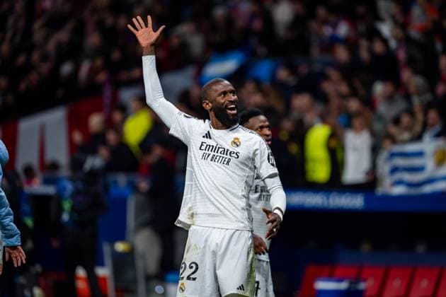 Atletico de Madrid vs Real Madrid CF - UEFA Champions League 2024 25 Round of 16 Second Leg Antonio Rudiger of Real Madrid CF celebrates after winning the UEFA Champions League 2024 25 Round of 16 second leg match between Atletico de Madrid and Real Madrid C.F. at Estadio Riyadh Air Metropolitano on March 12, 2025 in Madrid, Spain. Madrid Estadio Riyadh Air Metropolitano Madrid Spain Copyright: xAlbertoxGardinx AGardin_20250312_Football_Champions_Atl_Real_81