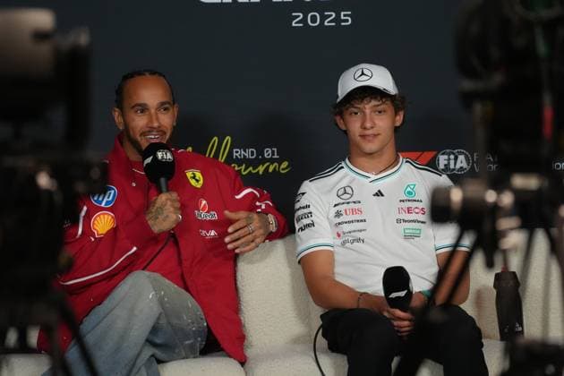 13 03 2025, Albert Park Circuit, Melbourne, FORMULA 1 LOUIS VUITTON AUSTRALIAN GRAND PRIX 2025 ,in the picture Lewis Hamilton GBR , Scuderia Ferrari HP, Andrea Kimi Antonelli ITA , Mercedes AMG Petronas Formula One Team Photo by Hasan Bratic DeFodi Images