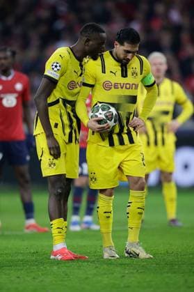 March 12, 2025, Villeneuve D ascq, France, Serhou Guirassy Borussia Dortmund and Emre Can Borussia Dortmund during the UEFA Champions League match between OSC Lille and Borussia Dortmund Copyright: AntonioxBorga