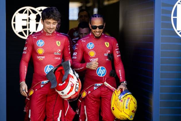 Charles Leclerc Scuderia Ferrari HP, 16 , Lewis Hamilton Scuderia Ferrari HP, 44 leaving the FIA garage with helmet, AUS, Formula 1 World Championship, Luis Vuitton Australian Grand Prix, Albert Park Circuit Melbourne, Media Day, 2025 season, 13 03 2025 AUS, Formula 1 World Championship, Luis Vuitton Australian Grand Prix, Albert Park Circuit Melbourne, Media Day, 2025 season, 13 03 2025 Melbourne Copyright: xEibner-Pressefoto Memmlerx EP_MMR