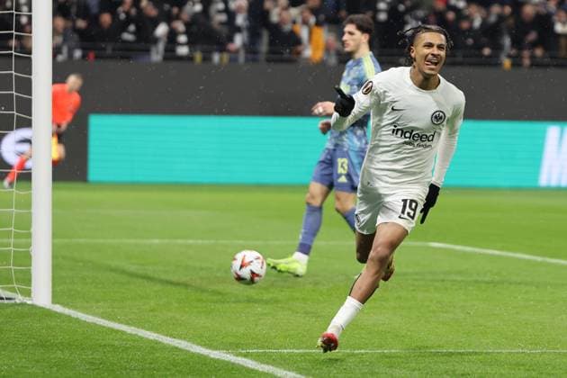 Quick lead goal, Jean Matteo Bahoya Eintracht Frankfurt , No. 19 as scorer to 1 0 cheers, goal celebration, goal to 1 0 , Eintracht Frankfurt Ajax Amsterdam, Football, UEFA Europa League , UEL, Season 2024 2025, Round of 16 , 1Return match, 3 03 2025,