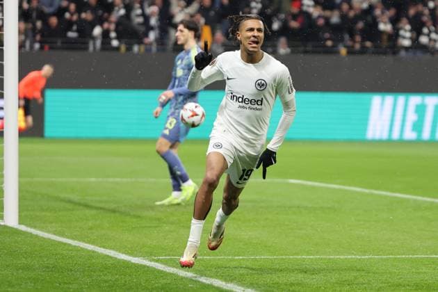 Quick lead goal, Jean Matteo Bahoya Eintracht Frankfurt , No. 19 as scorer to 1 0 cheers, goal celebration, goal to 1 0 , Eintracht Frankfurt Ajax Amsterdam, Football, UEFA Europa League , UEL, Season 2024 2025, Round of 16 , 1Return match, 3 03 2025,