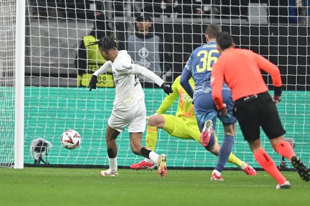 Soccer UEFA Europa League Round of 16 Eintracht Frankfurt Ajax Amsterdam on 13 03 2025 at Deutsche Bank Park in Frankfurt Goal kick to 1 0 by Jean Matteo Bahoya Frankfurt xJKx