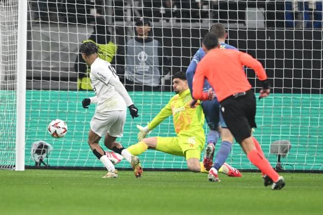 Soccer UEFA Europa League Round of 16 Eintracht Frankfurt Ajax Amsterdam on 13 03 2025 at Deutsche Bank Park in Frankfurt Goal kick to 1 0 by Jean Matteo Bahoya Frankfurt xJKx