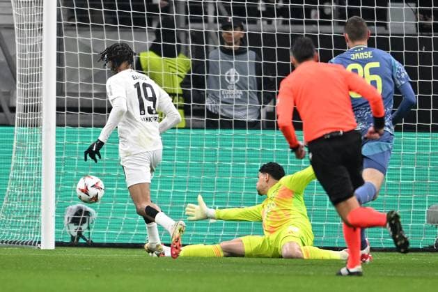 Soccer UEFA Europa League Round of 16 Eintracht Frankfurt Ajax Amsterdam on 13 03 2025 at Deutsche Bank Park in Frankfurt Goal kick to 1 0 by Jean Matteo Bahoya Frankfurt xJKx