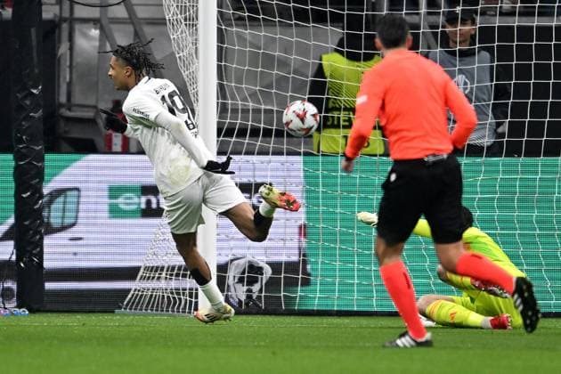 Soccer UEFA Europa League Round of 16 Eintracht Frankfurt Ajax Amsterdam on 13 03 2025 at Deutsche Bank Park in Frankfurt Goal celebration for 1 0 by Jean Matteo Bahoya Frankfurt xJKx