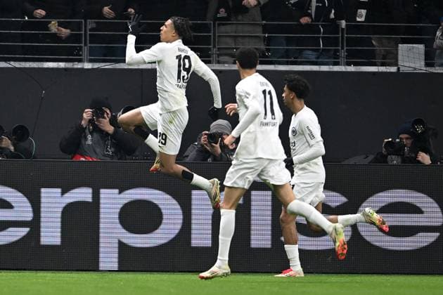 Soccer UEFA Europa League Round of 16 Eintracht Frankfurt Ajax Amsterdam on 13 03 2025 at Deutsche Bank Park in Frankfurt Goal kick to 1 0 by Jean Matteo Bahoya Frankfurt xJKx