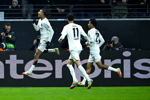 Jean Matteo Bahoya Eintracht Frankfurt, 19 , Hugo Ekitike Eintracht Frankfurt, 11 and Nathaniel Brown Eintracht Frankfurt, 21 celebrate the goal for 1 0, GER, Eintracht Frankfurt vs Ajax Amsterdam Football, UEFA Europa League, Round of 16, Second leg, Match time 2024 25, 13 03 2025 GER, Eintracht Frankfurt vs Ajax Amsterdam Football, UEFA Europa League, Round of 16, Second leg, Match time 2024 25, 13 03 2025 Frankfurt am Main Copyright: xEibner-Pressefoto FlorianxWieganx EP_FWD