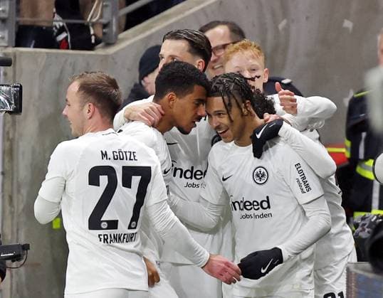 13 03 2025, xovx, Football UEFA Europa League, Eintracht Frankfurt Ajax Amsterdam cheering after the 1 0 goal by Jean Matteo Bahoya Eintracht Frankfurt DFL DFB REGULATIONS PROHIBIT ANY USE OF PHOTOGRAPHS as IMAGE SEQUENCES and or QUASI VIDEO emspor Frankfurt am Main