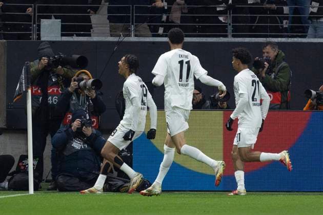UEFA Europa League Eintracht Frankfurt Ajax Amsterdam, 13 03 2025 Jean Bahoya Eintracht Frankfurt 19 celebrates his goal to make it 1 0 Hugo Ekitike Eintracht Frankfurt 11 Nathaniel Brown Eintracht Frankfurt 21 , Eintracht Frankfurt Ajax Amsterdam, Frankfurt, Deutsche Bank Park, 13 3 2025 Copyright: xBEAUTIFULxSPORTS Gawlikx