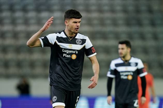 Thun, Switzerland, 13th March 2025: Albian Hajdari (5 Lugano) reacts during the UEFA Conference League football match between FC Lugano and NK Celje at Stockhorn Arena in Thun, Switzerland. (Daniela Porcelli SPP) Copyright: xDanielaxPorcellix xSPPx spp-en-DaPoSp-20250313-DP105665