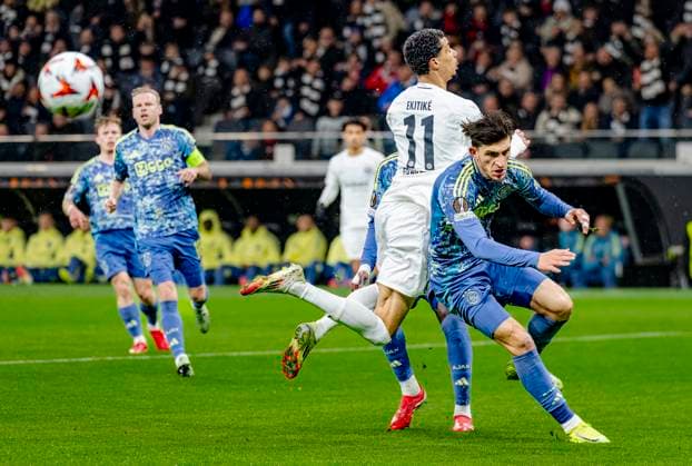 Eintracht Frankfurt forwarder Hugo Ekitike, AFC Ajax Amsterdam defender Ahmetcan Kaplan during the match Eintracht Ajax at the for the UEFA Europa League Round of 16 2st leg season 2024 2025 in FRANKFURT, Germany on 13 march 2025, photo by Marcel van Dorst EYE4images DeFodi Images