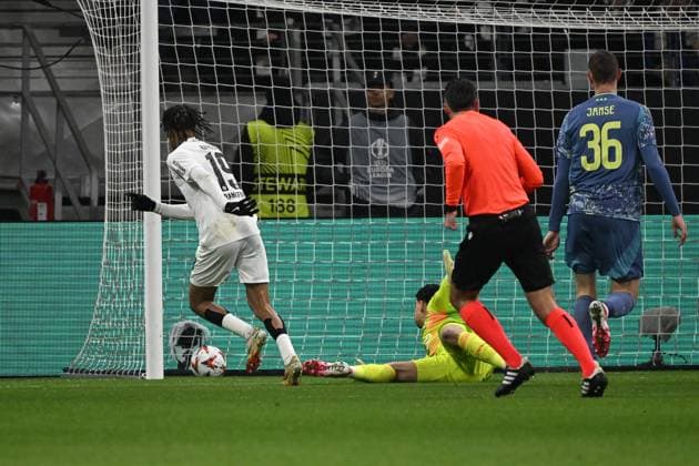 13 03 2025, xjhx, Fussball UEFA Europa League, Eintracht Frankfurt Ajax Amsterdam v l Jean Matteo Bahoya Eintracht Frankfurt Torschuetze, erzielt das Tor, Treffer, scores the goal 1 0 Matheus Ajax Amsterdam DFL DFB REGULATIONS PROHIBIT ANY USE OF PHOTOGRAPHS as IMAGE SEQUENCES and or QUASI VIDEO Frankfurt am Main