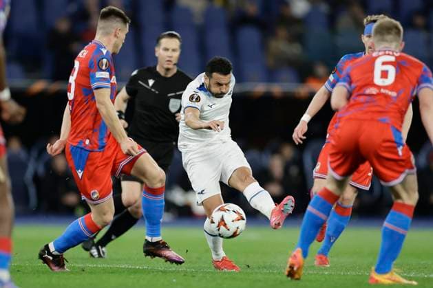 UEFA Europa League Second leg match SS Lazio and Viktoria Plzen Lazio s Spanish forward Pedro challenges for the ball with Viktoria Plzen s Serbian defender Svetozar Markovic during during UEFA Europa League Round of 16 Second leg match between SS Lazio and Viktoria Plzen at Olimpico stadium on March 13, 2025 in Rome, Italy. _BPH9640 Copyright: xAntonioxBalascox