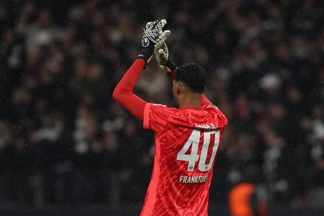 2025 03 13 xJAx UEFA EUROPA LEAGUE Eintracht Frankfurt AFC Ajax Amsterdam v l ,Goalkeeper Kaua Morais dos Santos Eintracht Frankfurt Torjubel, Goal celebration, celebrate the goal DFL DFB REGULATIONS PROHIBIT ANY USE OF PHOTOGRAPHS as IMAGE SEQUENCES and or QUASI VIDEO Copyright: JoaquimxFerreira