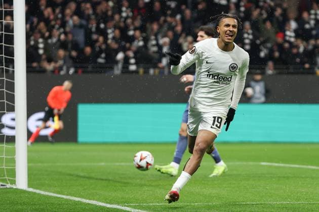 UEFA Europa League Eintracht Frankfurt Ajax Amsterdam on 13 03 2025 at Deutsche Bank Park in Frankfurt Cheers, goal celebration, goal scorer, goal scorer Jean Matteo Bahoya Frankfurt 19 cheers after his goal for 1 to 0 MH