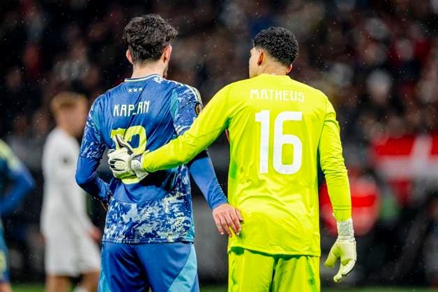 AFC Ajax Amsterdam defender Ahmetcan Kaplan, AFC Ajax Amsterdam goalkeeper Matheus Magalhaes during the match Eintracht Ajax at the for the UEFA Europa League Round of 16 2st leg season 2024 2025 in FRANKFURT, Germany on 13 march 2025, photo by Marcel van Dorst EYE4images DeFodi Images