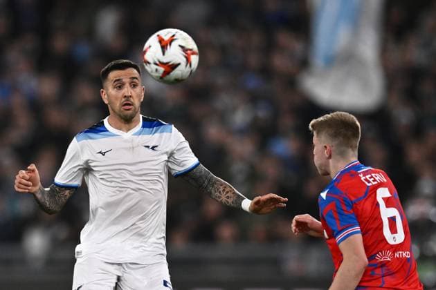 As Roma 13 03 2025 - Europa League Lazio-Viktoria Plzen foto Antonello Sammarco Image nella foto: Matias Vecino-Lukas Cerv 
