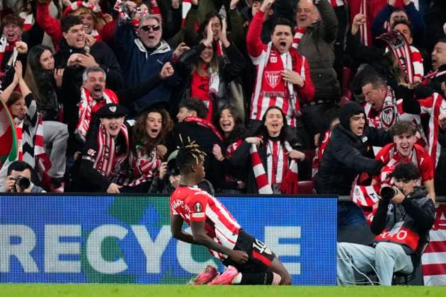 Athletic Club v AS Roma - UEFA Europa League 2024 25 Round of 16 Second Leg Nico Williams left winger of Athletic Club and Spain celebrates after scoring his sides first goal during the UEFA Europa League 2024 25 Round of 16 Second Leg match between Athletic Club and AS Roma at Estadio de San Mames on March 13, 2025 in Bilbao, Spain. Bilbao Basque Country Spain  Copyright: xJosexBretonx originalFilename:bretonhernandez-athletic250313_npn8a.jpg