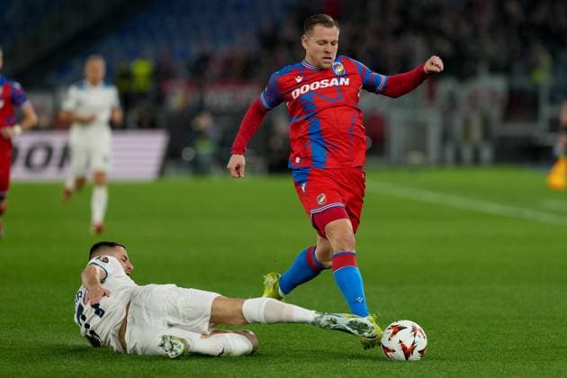 Adam Marusic of SS Lazio and Matej Vydra of Viktoria Plzen during the Europa League football match between SS Lazio and Viktoria Plzen at Olimpico stadium in Rome (Italy), March 13, 2025. AntoniettaxBaldassarre