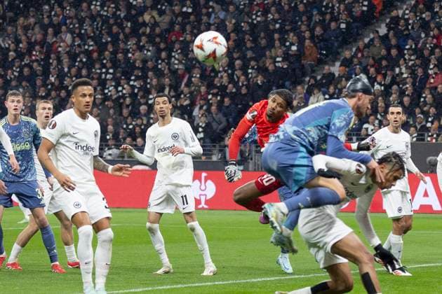 UEFA Europa League Eintracht Frankfurt Ajax Amsterdam, 13 03 2025 Kaua Santos Eintracht Frankfurt 40 has defended a ball, Tuta Eintracht Frankfurt 35 Jean Bahoya Eintracht Frankfurt 19 Daniele Rugani Ajax Amsterdam 24 , Eintracht Frankfurt Ajax Amsterdam, Frankfurt, Deutsche Bank Park, 13 3 2025 Copyright: xBEAUTIFULxSPORTS Gawlikx