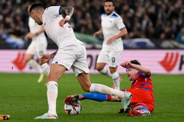 Pavel Sulc of Viktoria Plzen and Matias Vecino of SS Lazio during the Europa League football match between SS Lazio and Viktoria Plzen at Olimpico stadium in Rome (Italy), March 13, 2025. AndreaxStaccioli