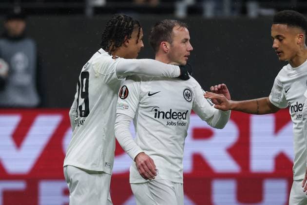 UEFA Europa League Eintracht Frankfurt Ajax Amsterdam on 13 03 2025 at Deutsche Bank Park in Frankfurt Cheering, goal celebration, goal scorer, goal scorer Mario Götze Goetze Gotze Frankfurt 27 cheers after his goal to 2 to 0 with the team, among others with Jean Matteo Bahoya Frankfurt 19 , Tuta Lucas Silva Melo Frankfurt 35 MH