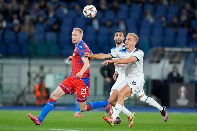 Gustav Isaksen (SS Lazio) and Vaclav Jemelka (Viktoria Plzen) battle for the ball, UEFA Europa League 2024 25 Round of 16 Second Leg, S.S. Lazio v FC Viktoria Plzen, Olimpico Stadium, March 13, 2025, Rome, Italy.