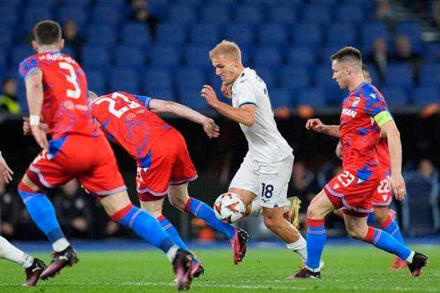Gustav Isaksen (SS Lazio) in action, UEFA Europa League 2024 25 Round of 16 Second Leg, S.S. Lazio v FC Viktoria Plzen, Olimpico Stadium, March 13, 2025, Rome, Italy.