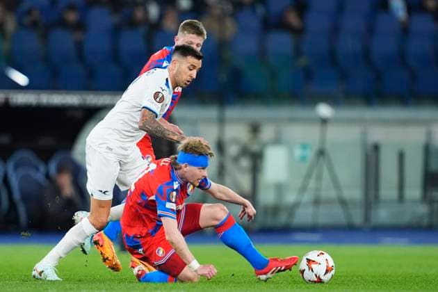 Matias Vecino (SS Lazio) and Pavel Sulc (Viktoria Plzen) battle for the ball, UEFA Europa League 2024 25 Round of 16 Second Leg, S.S. Lazio v FC Viktoria Plzen, Olimpico Stadium, March 13, 2025, Rome, Italy.