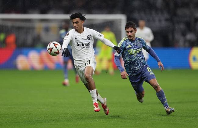 13 03 2025, Football UEFA Europa League, Eintracht Frankfurt Ajax AFC Amsterdam, emonline, emspor, v l , Nathaniel Brown Eintracht Frankfurt , Lucas Rosa Ajax Amsterdam DFL DFB REGULATIONS PROHIBIT ANY USE OF PHOTOGRAPHS AS IMAGE SEQUENCES AND OR QUASI VIDEO xdcx Copyright: HMBxMedia Claus