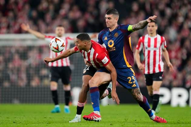 Athletic Club v AS Roma - UEFA Europa League 2024 25 Round of 16 Second Leg Maroan Sannadi central midfield of Athletic Club and Spain and Gianluca Mancini centre-back of Roma and Italy compete for the ball during the UEFA Europa League 2024 25 Round of 16 Second Leg match between Athletic Club and AS Roma at Estadio de San Mames on March 13, 2025 in Bilbao, Spain. Bilbao Basque Country Spain  Copyright: xJosexBretonx originalFilename:bretonhernandez-athletic250313_npmf5.jpg