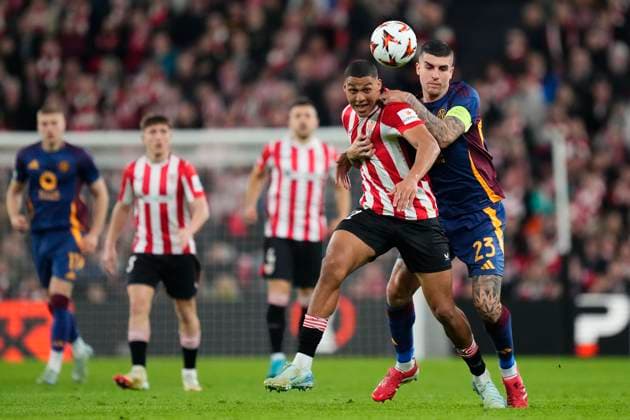 Athletic Club v AS Roma - UEFA Europa League 2024 25 Round of 16 Second Leg Maroan Sannadi central midfield of Athletic Club and Spain and Gianluca Mancini centre-back of Roma and Italy compete for the ball during the UEFA Europa League 2024 25 Round of 16 Second Leg match between Athletic Club and AS Roma at Estadio de San Mames on March 13, 2025 in Bilbao, Spain. Bilbao Basque Country Spain  Copyright: xJosexBretonx originalFilename:bretonhernandez-athletic250313_npTIo.jpg